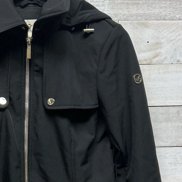 Michael Kors Trench Coat Womens Small Black Hooded Full Zip MK Logo Lined - Picture 4 of 15